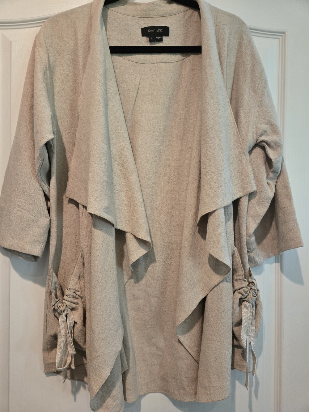 Karen Kane Tan Linen Draped Open-Front Jacket with Side Tie Details On Pockets